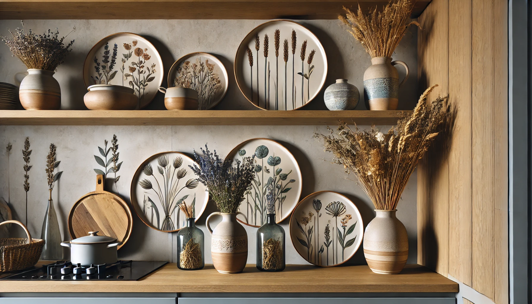 Cucina provenzale moderna con piatti in ceramica e fiori secchi